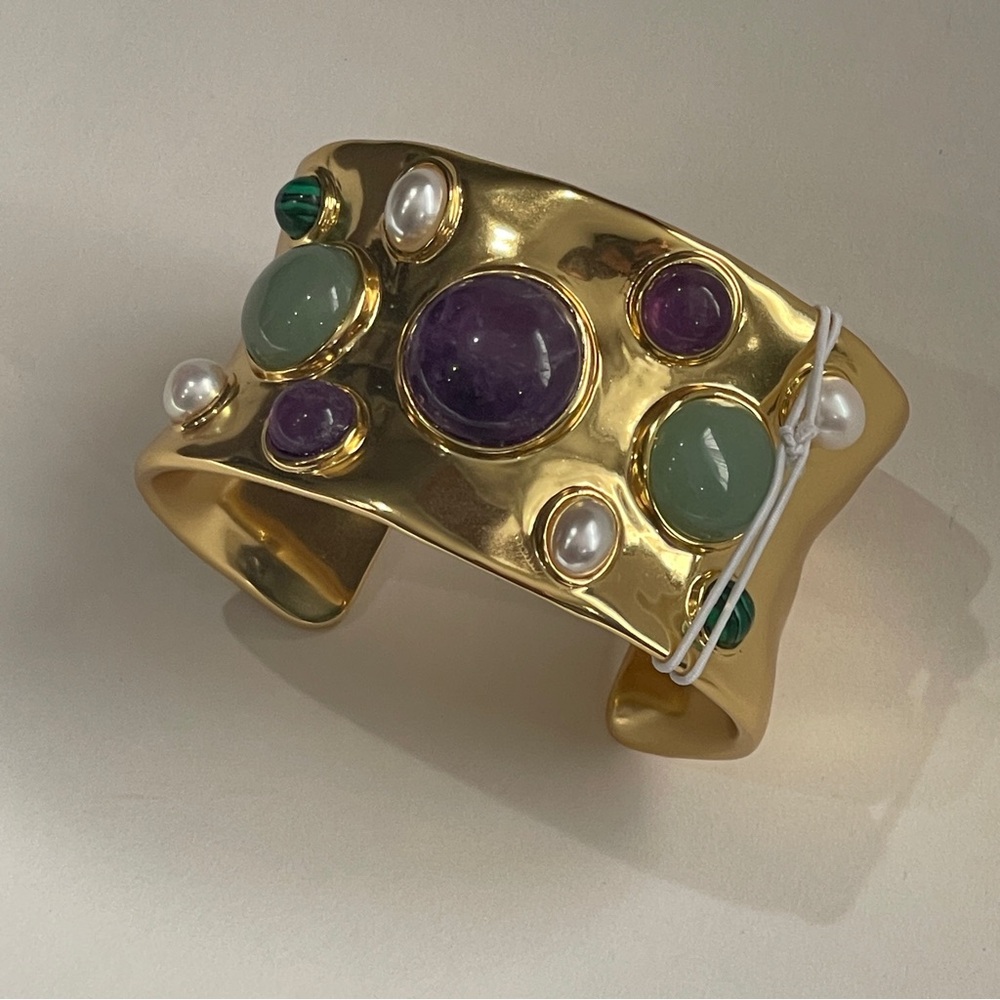 J.Crew Gold Tone Mixed Stone and Pearl Cuff Statement Bracelet S/M NWT - Picture 2 of 7
